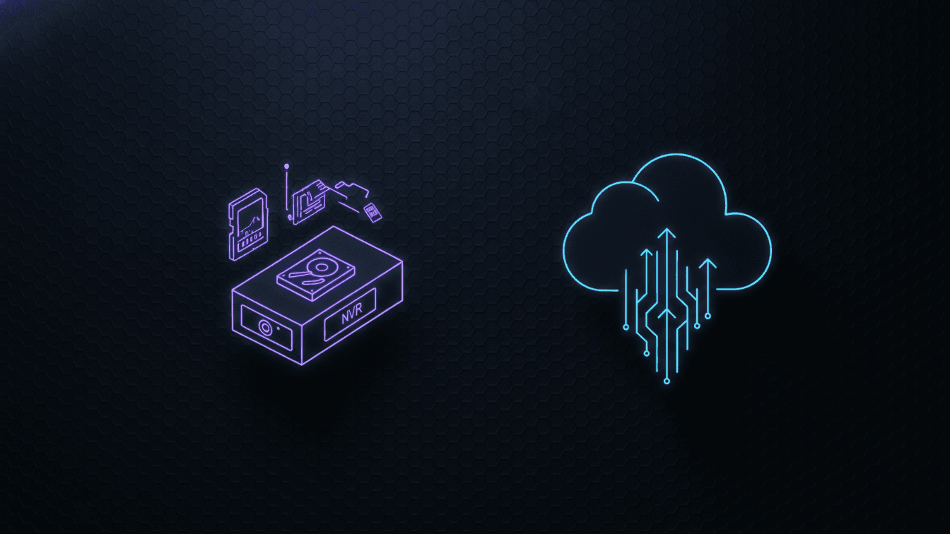 Concept illustration comparing local microSD and NVR storage against cloud storage for smart security cameras, rendered in cyber-blue and techno-violet on a dark background